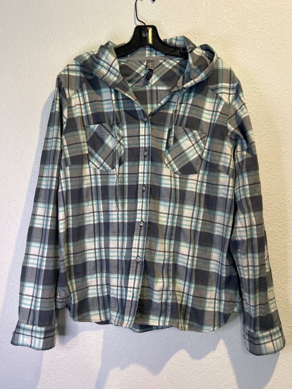 Mountain Hardwear Womens XL Plaid Hooded Flannel Shirt Gray Teal Stretch